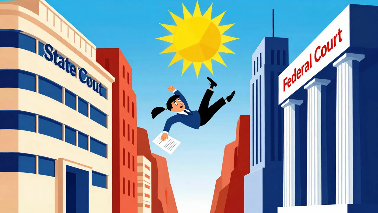 A lawyer falling between state and federal court buildings, with the Supremacy Clause as a geometric sun above.