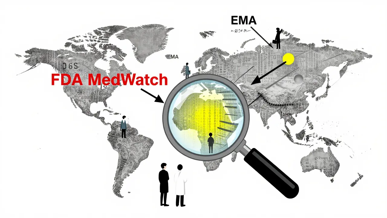 A magnifying glass scanning global health data points, with FDA, EMA, and WHO linked by lines.