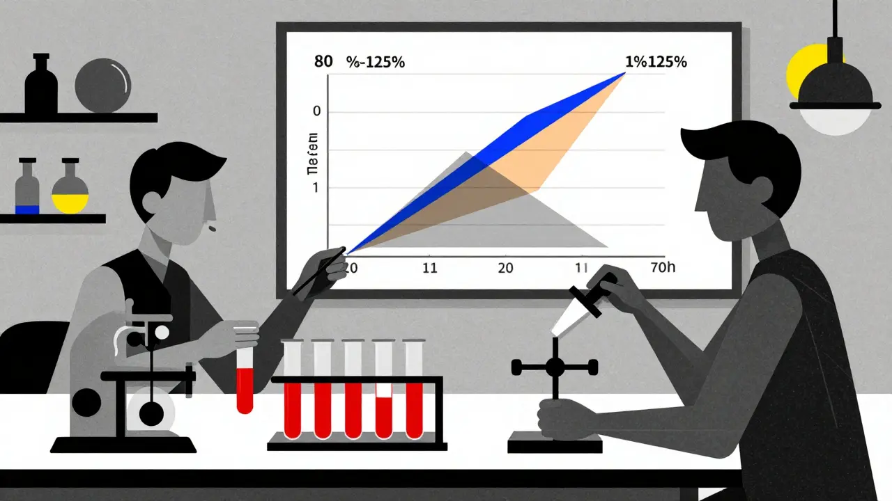 Abstract figures in a lab analyzing blood samples with geometric instruments and a confidence interval chart in primary colors.