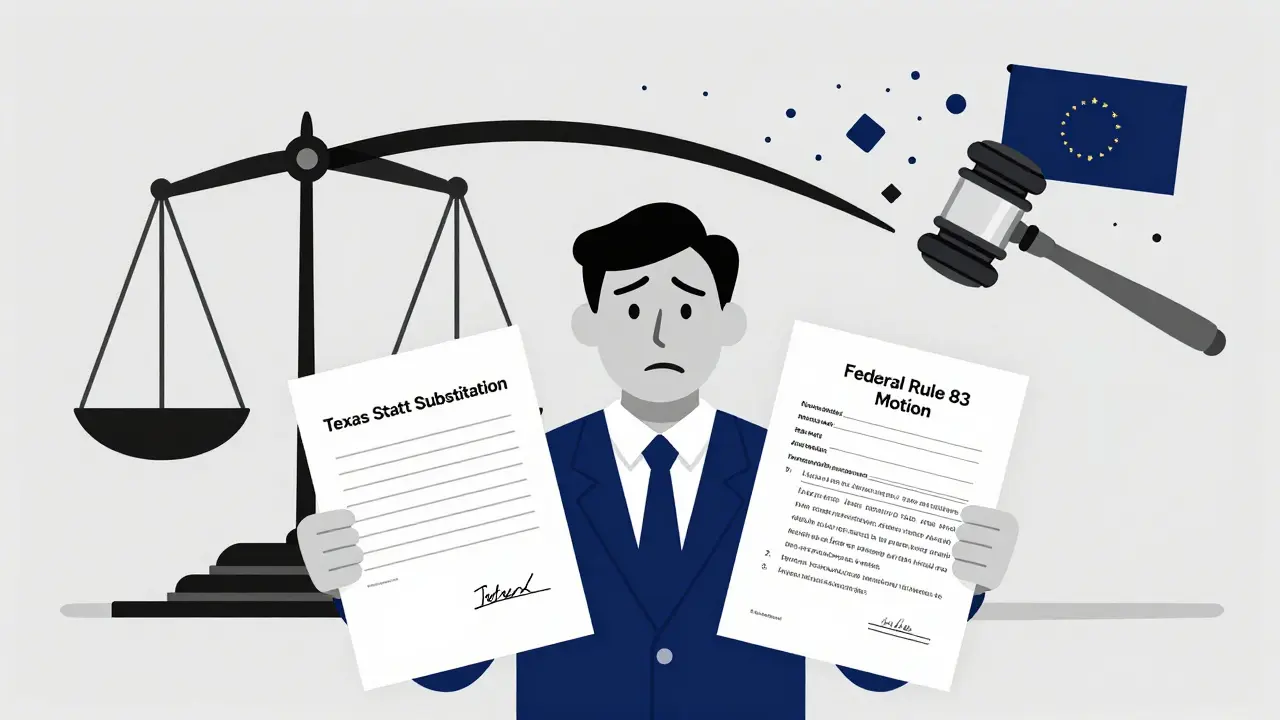 An attorney holding conflicting substitution forms, with a scale tipping toward a federal gavel and dissolving state symbols.