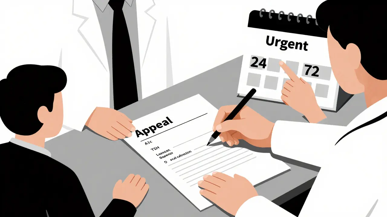 Doctor writing an appeal with lab values visible, patient pointing to urgent time deadlines on a calendar, all in Bauhaus geometric style.