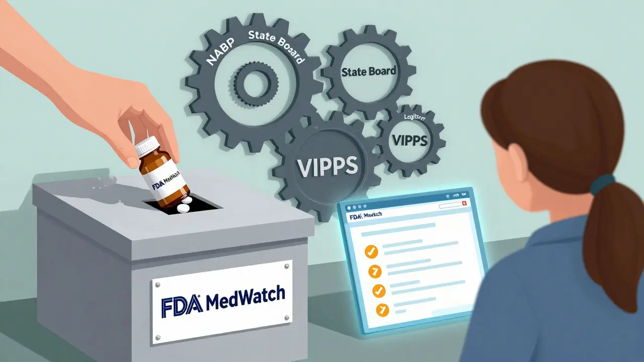 Hand dropping suspicious pill into FDA report box as verification system gears turn