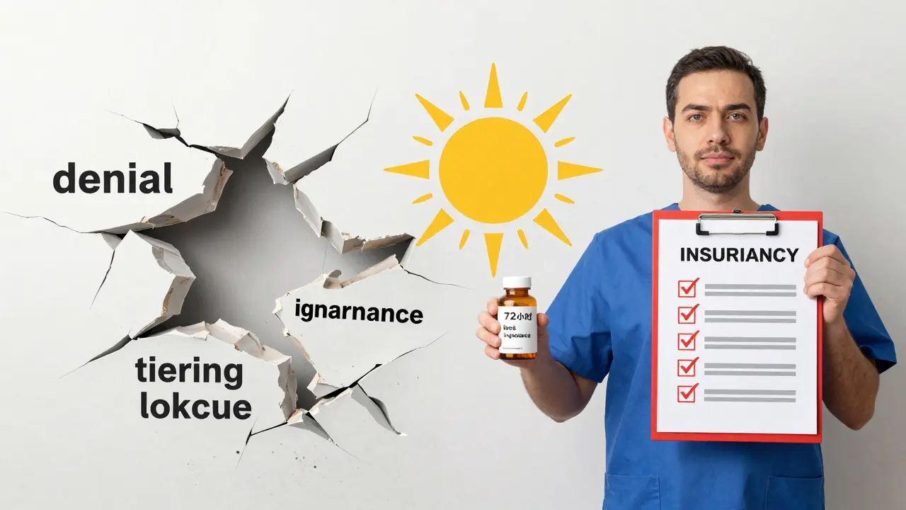 Patient holding emergency medication as a fragmented insurance wall collapses, replaced by rising sun and checklist icons symbolizing rights.