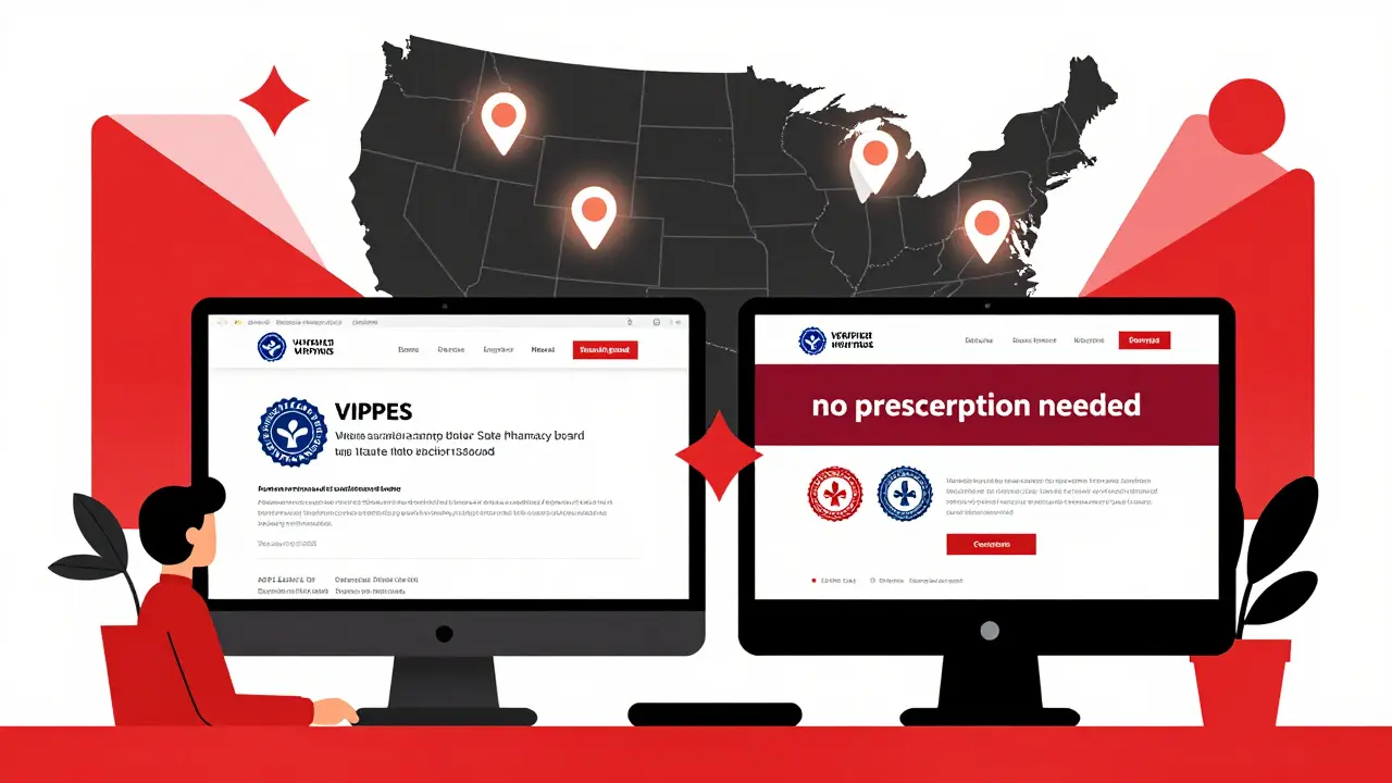 Person comparing legitimate and fake pharmacy websites with geometric safety indicators
