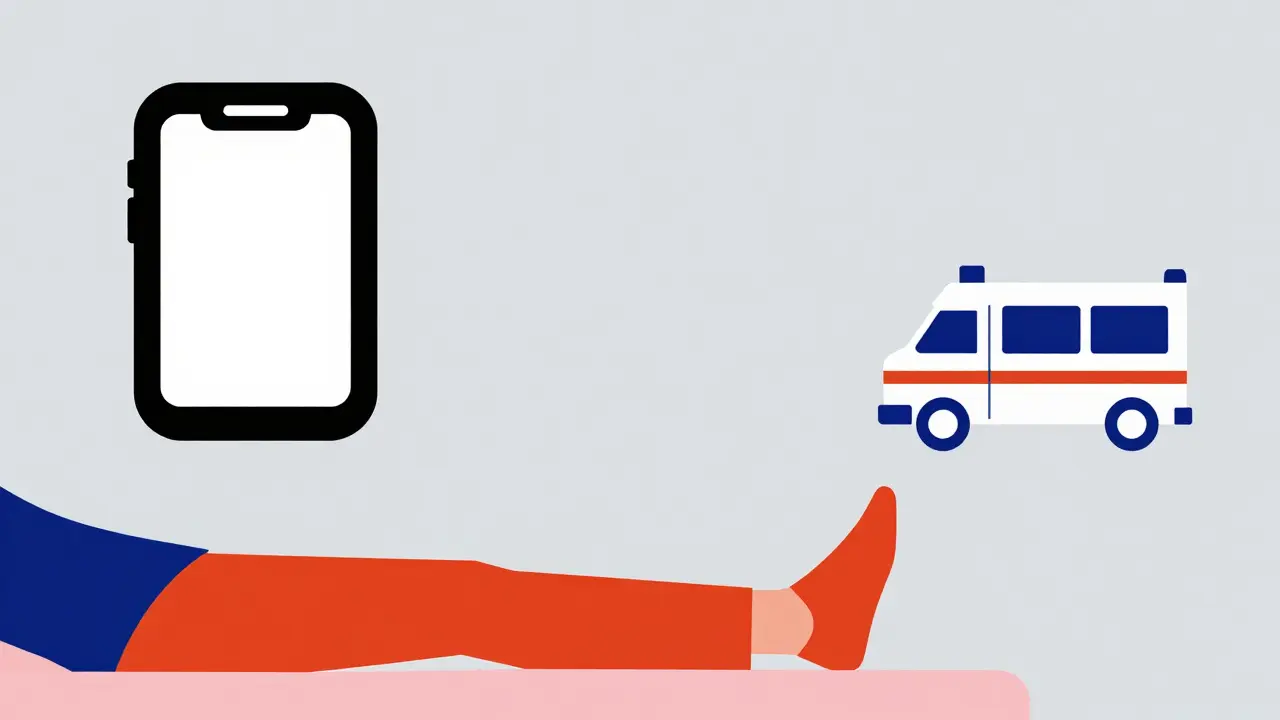 Person lying with legs elevated after injection, ambulance nearby