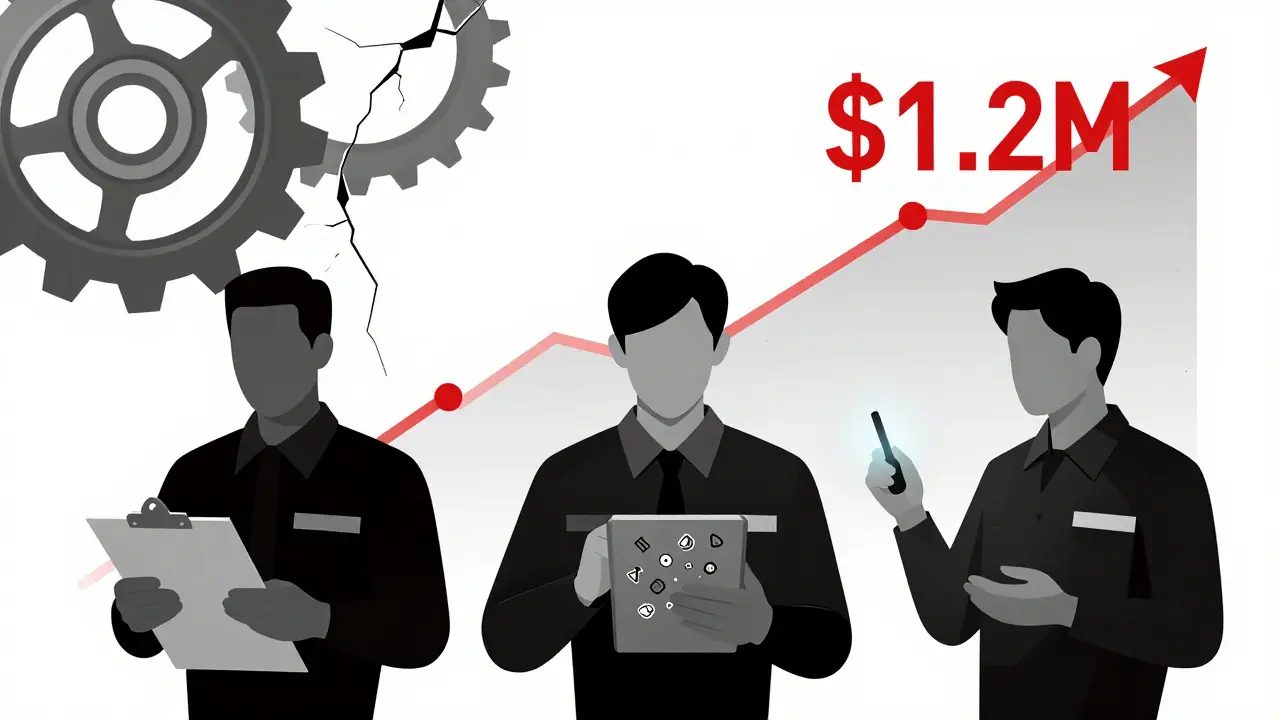 Three workers representing the skills gap, with a rising cost graph and cracked gear in the background.