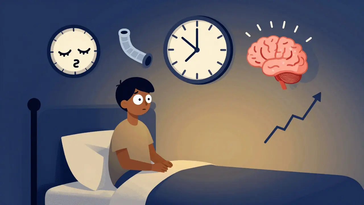 A person awake at night surrounded by symbolic icons of sleep disruption in minimalist Bauhaus design.