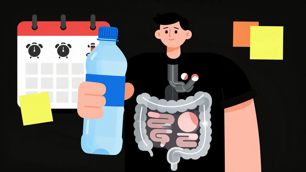 A person holding a water bottle and pill, with abstract glyphs showing drug absorption, under a calendar marked with reminders.