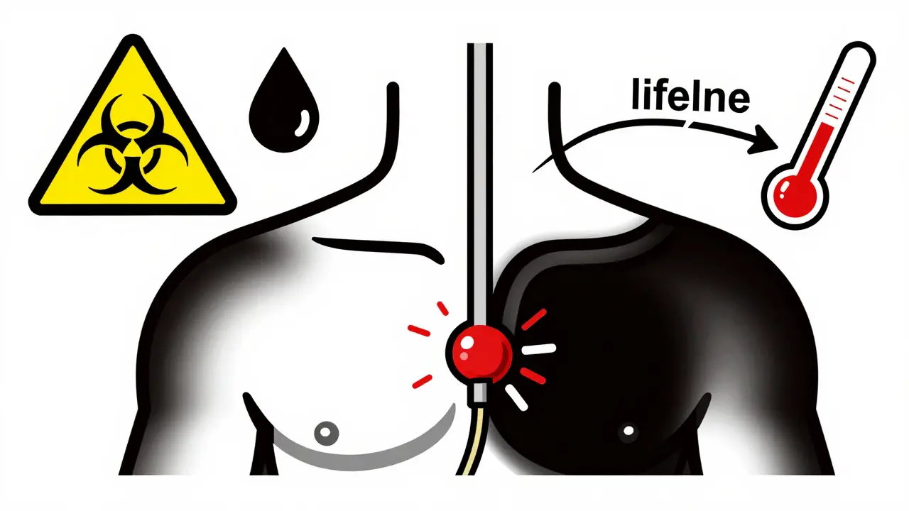 Abstract Bauhaus depiction of a catheter with hazard symbols, contrasting unsafe access with safer alternatives.