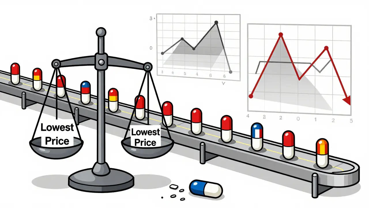 Factory conveyor belt with pills labeled by countries, one broken pill labeled 'Out of Stock' beside a price balance scale.