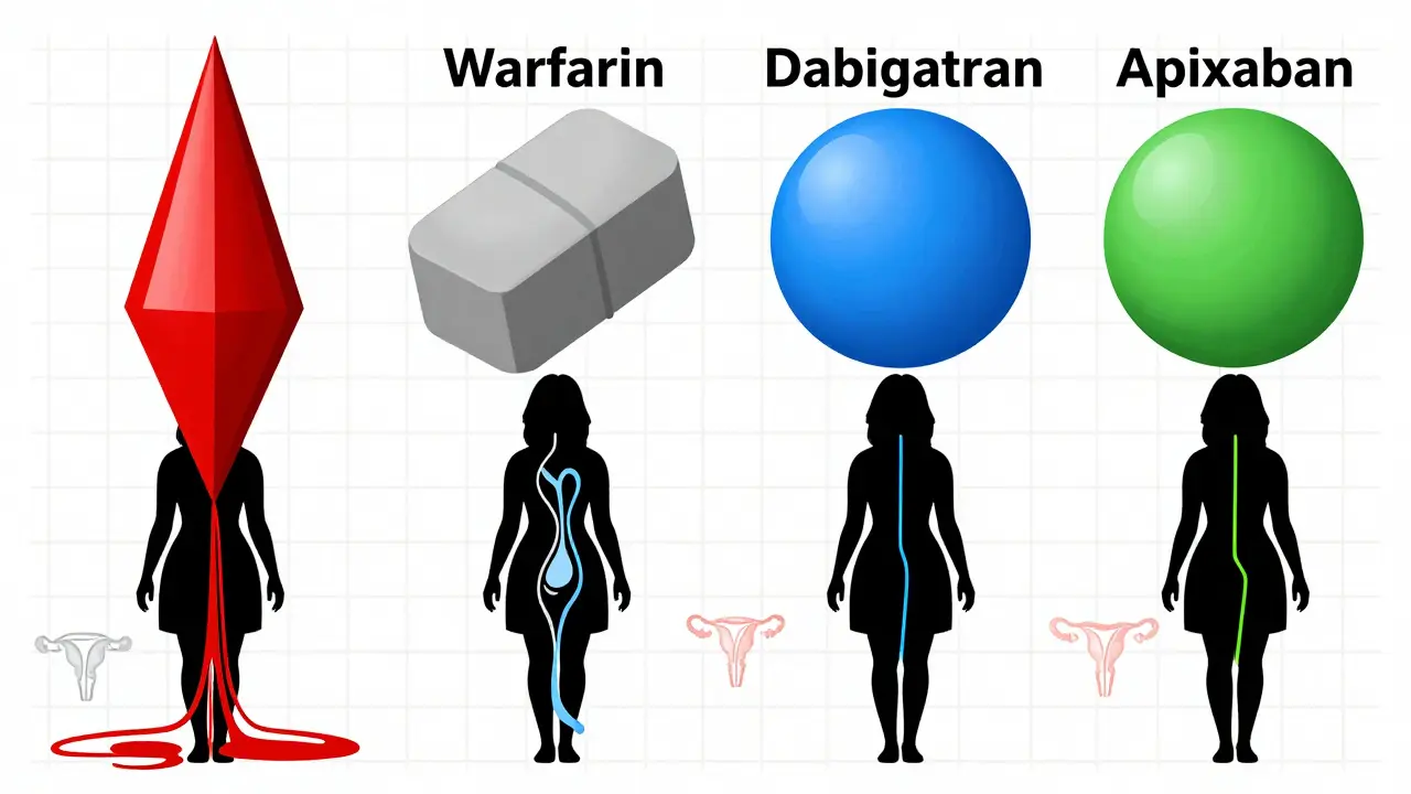 Four anticoagulant pills with abstract menstrual flow patterns, each linked to a woman’s silhouette in a grid-lined medical setting.