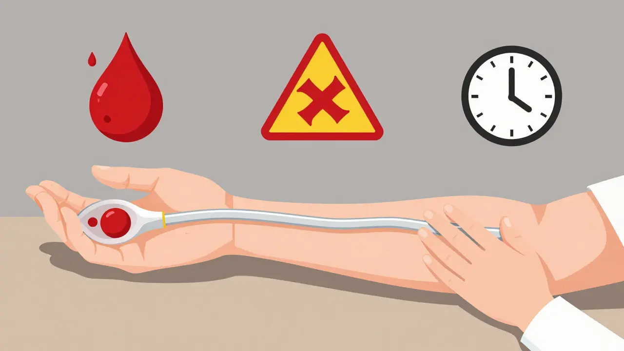 Geometric cartoon of an AV graft with warning icons for clotting and infection, shown in minimal color palette.