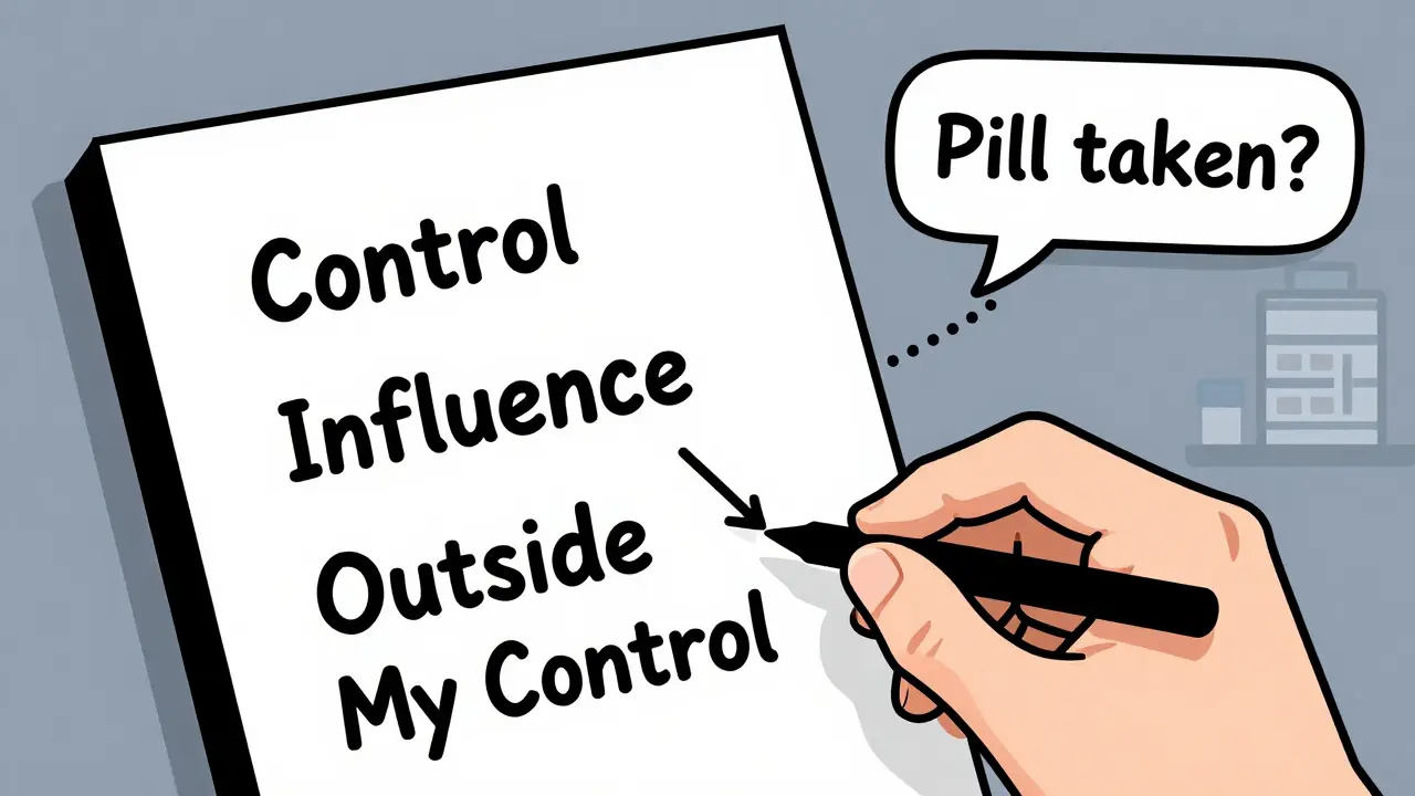 Hand writing three lists on paper, with arrows directing focus away from uncontrollable factors toward actionable steps, pillbox beside the notepad.