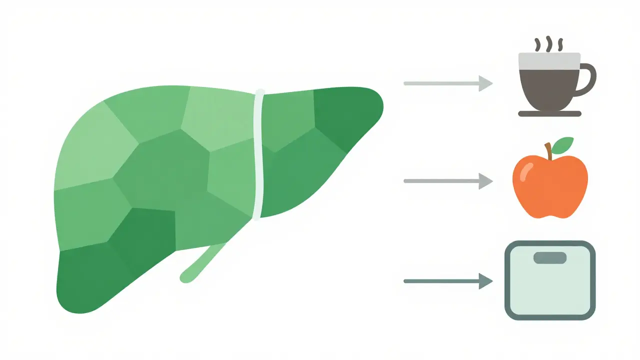 Minimalist illustration of healthy foods and scales balancing alongside a stylized liver shape.