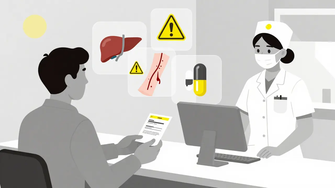 Patient handing supplement labels to a nurse, with floating icons showing hidden dangers like liver damage and hidden drugs.