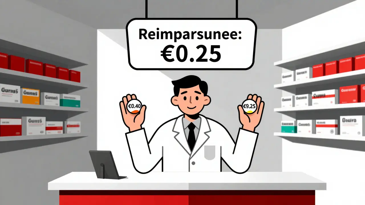 Pharmacist holding two generic pills with different prices, under a sign indicating reimbursement at the lowest price.