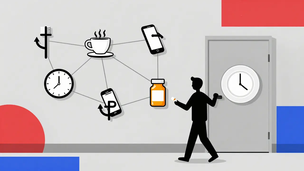 Pill bottle suspended above five daily action cues like toothbrush and coffee cup, in a minimalist room with geometric lines and bold color accents.