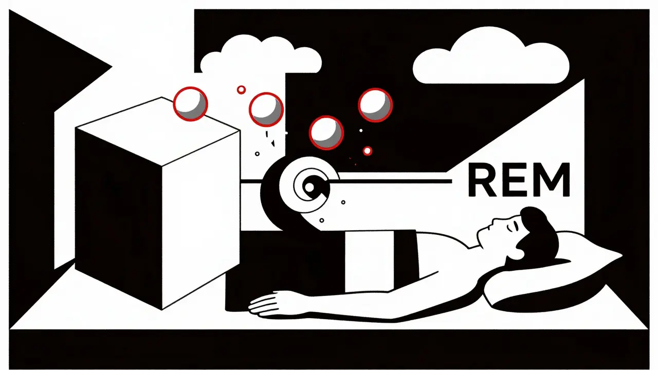Sleep stages shattered by alcohol molecules in abstract Bauhaus illustration with bold primary colors.