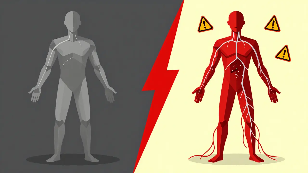 Split illustration comparing healthy and damaged tendons and nerves using sharp Bauhaus geometric forms.
