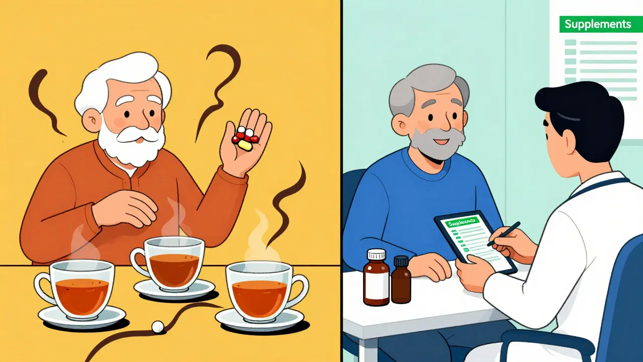 Split scene: elderly person taking multiple supplements versus safely disclosing them to a doctor in a clean medical setting.