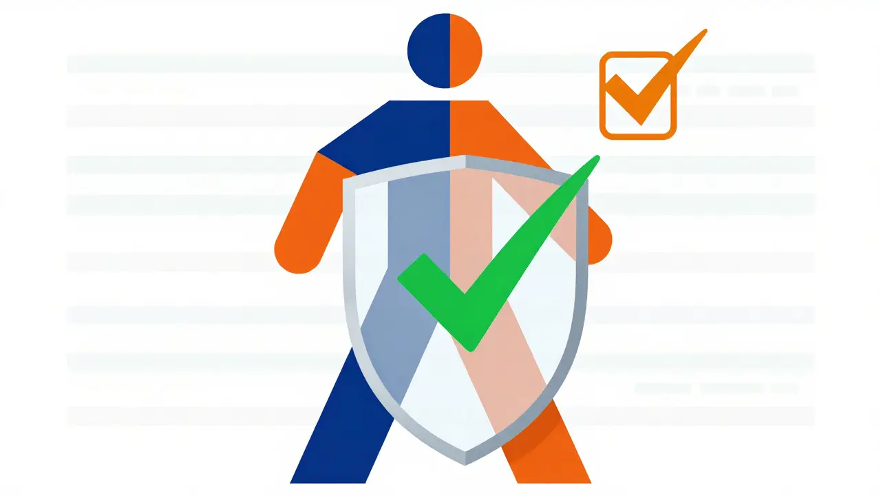 Stylized figure behind a shield with floating safety checkmarks.