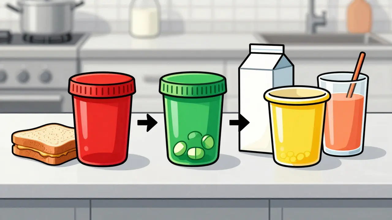 Three color-coded pill containers next to food items representing different medication instructions: empty stomach, with food, and high-fat meal.