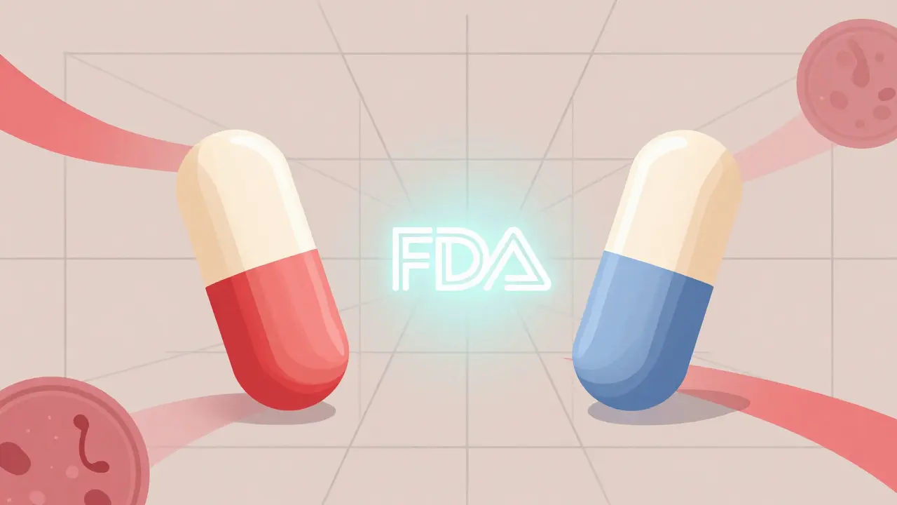 Two identical pills side by side with FDA emblem and abstract bioequivalence curves in geometric Bauhaus design.