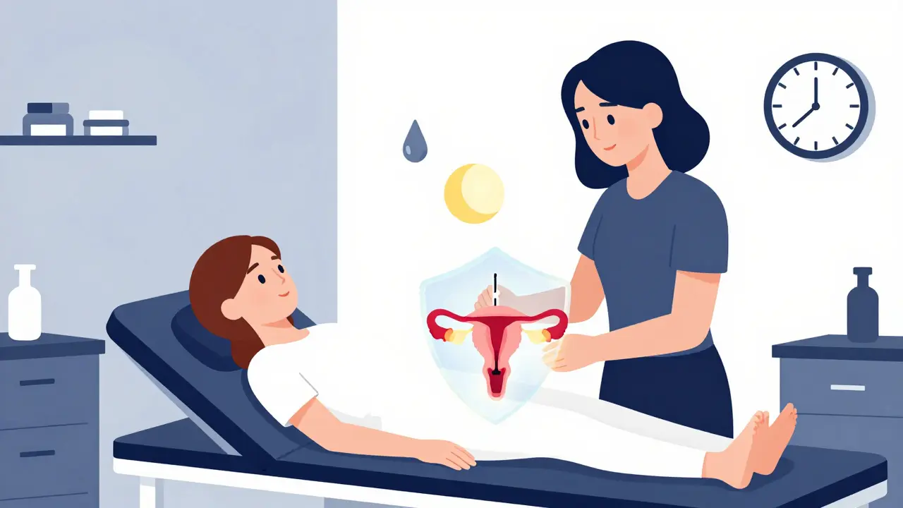 Woman receiving IUD insertion with abstract symbols of reduced bleeding, set in a minimalist Bauhaus-style exam room.