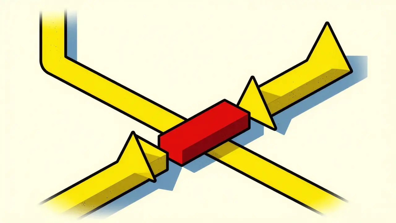 Yellow blocks flowing through geometric pipes illustrating liver bile duct blockage.