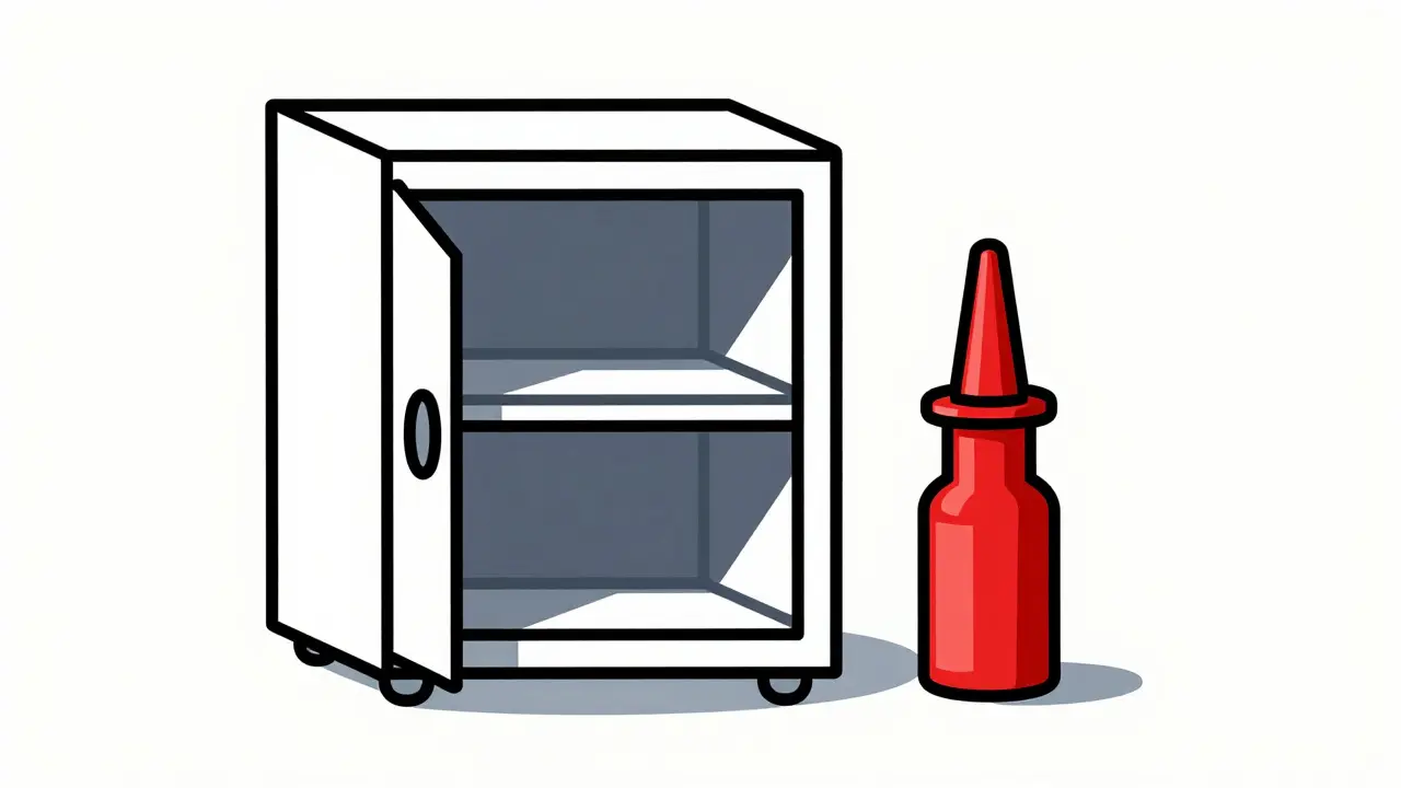 A minimalist illustration of a medication cabinet and a rescue nasal spray