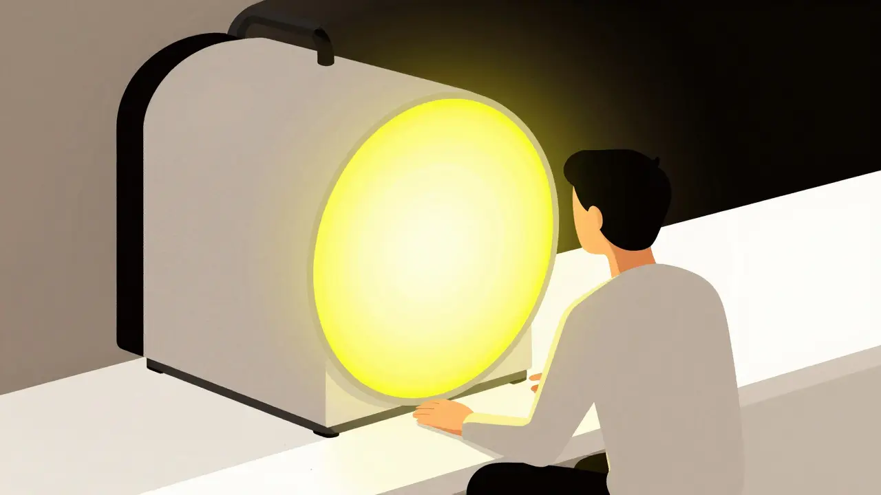 Bauhaus illustration of a person using a glowing yellow light therapy box