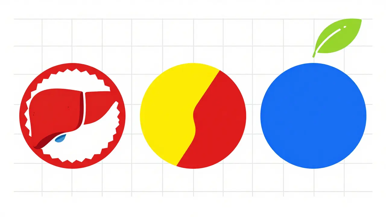Bauhaus style abstract sequence showing the liver healing process from inflammation to health.