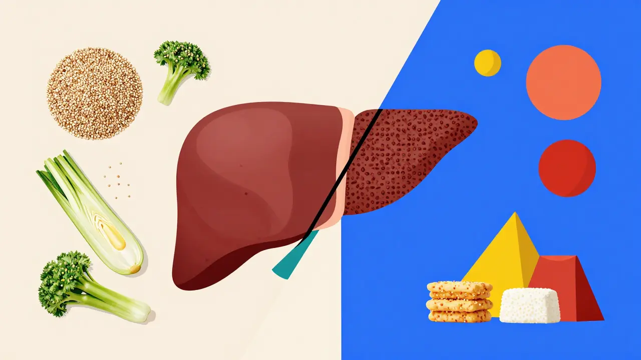 Bauhaus style contrast between whole foods and processed gluten-free snacks affecting the liver.