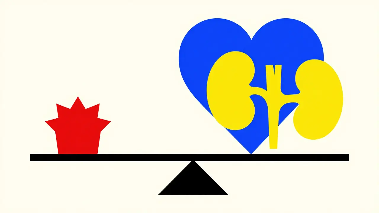 Bauhaus style illustration of a scale balancing a heart and kidney against a small infection symbol.