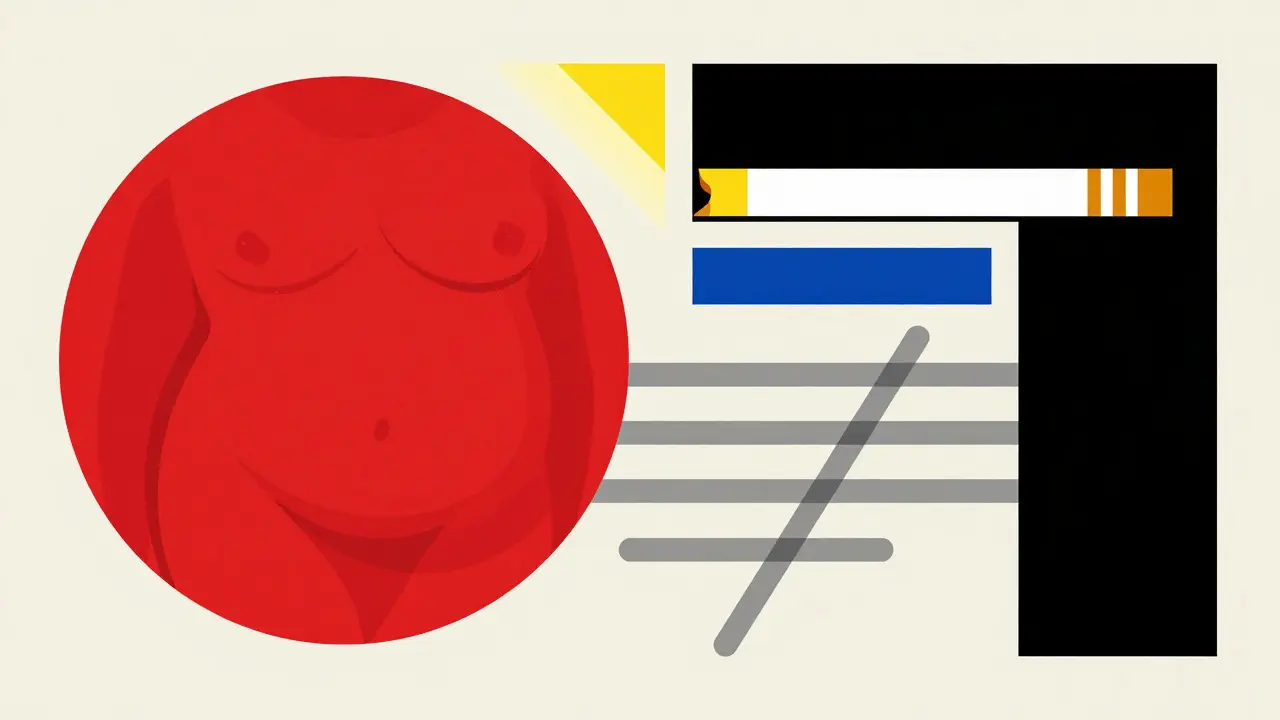 Geometric Bauhaus symbols representing obesity, smoking, and aging risk factors.