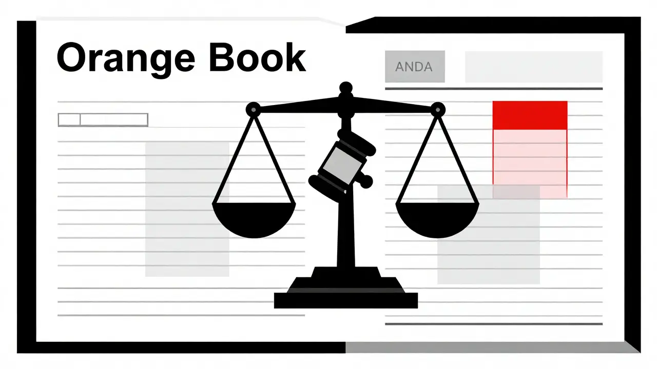 Minimalist Bauhaus art showing a stylized scale and geometric blocks representing patent law.