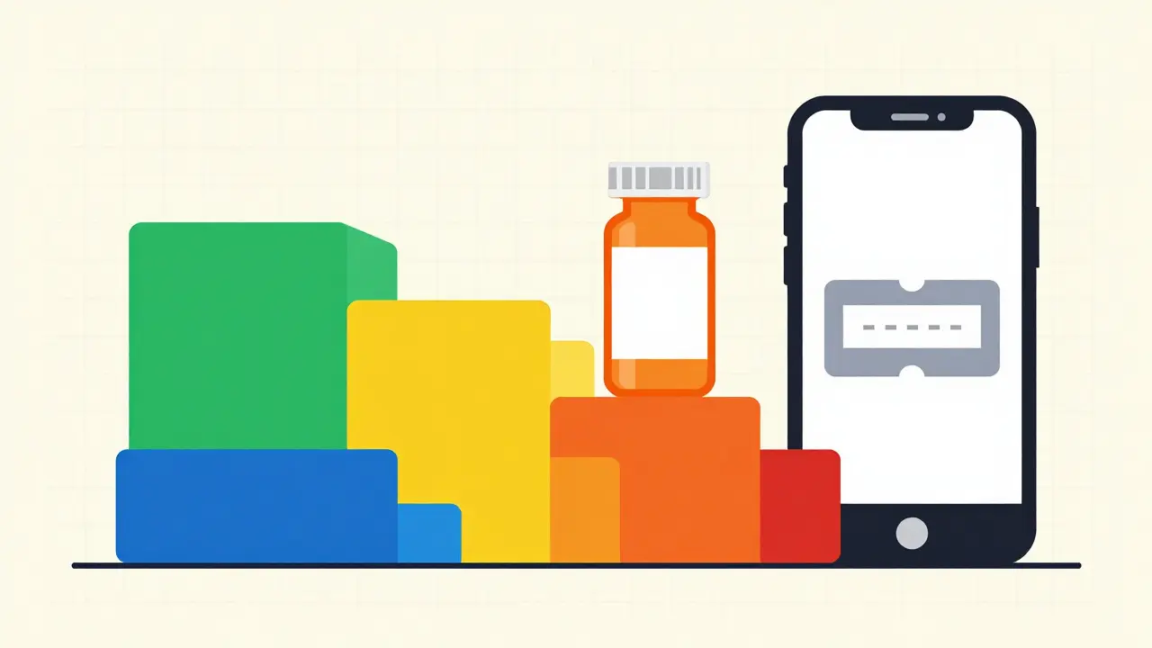 Minimalist Bauhaus composition showing steps toward affordable medication and a discount coupon.