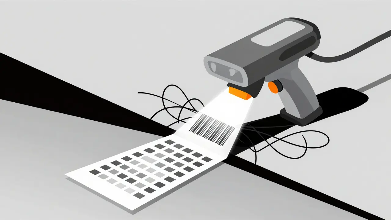 A geometric beam of light scanning a grid, symbolizing technology verifying medication safety in a Bauhaus style.