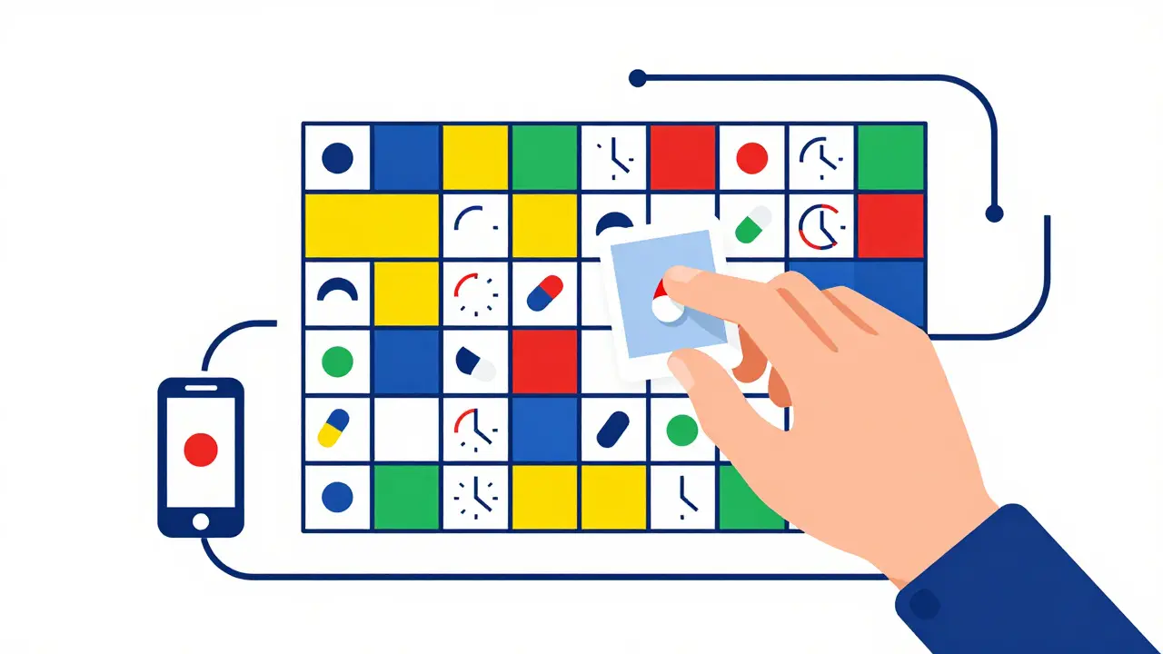 Abstract Bauhaus chart illustrating post-appointment medication scheduling