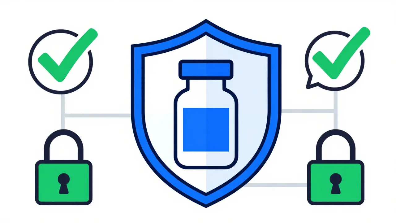 Abstract Bauhaus shield protecting a prescription bottle for safety