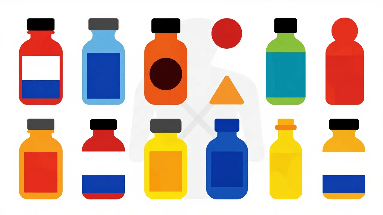 Abstract geometric arrangement of pills and a human silhouette in Bauhaus style