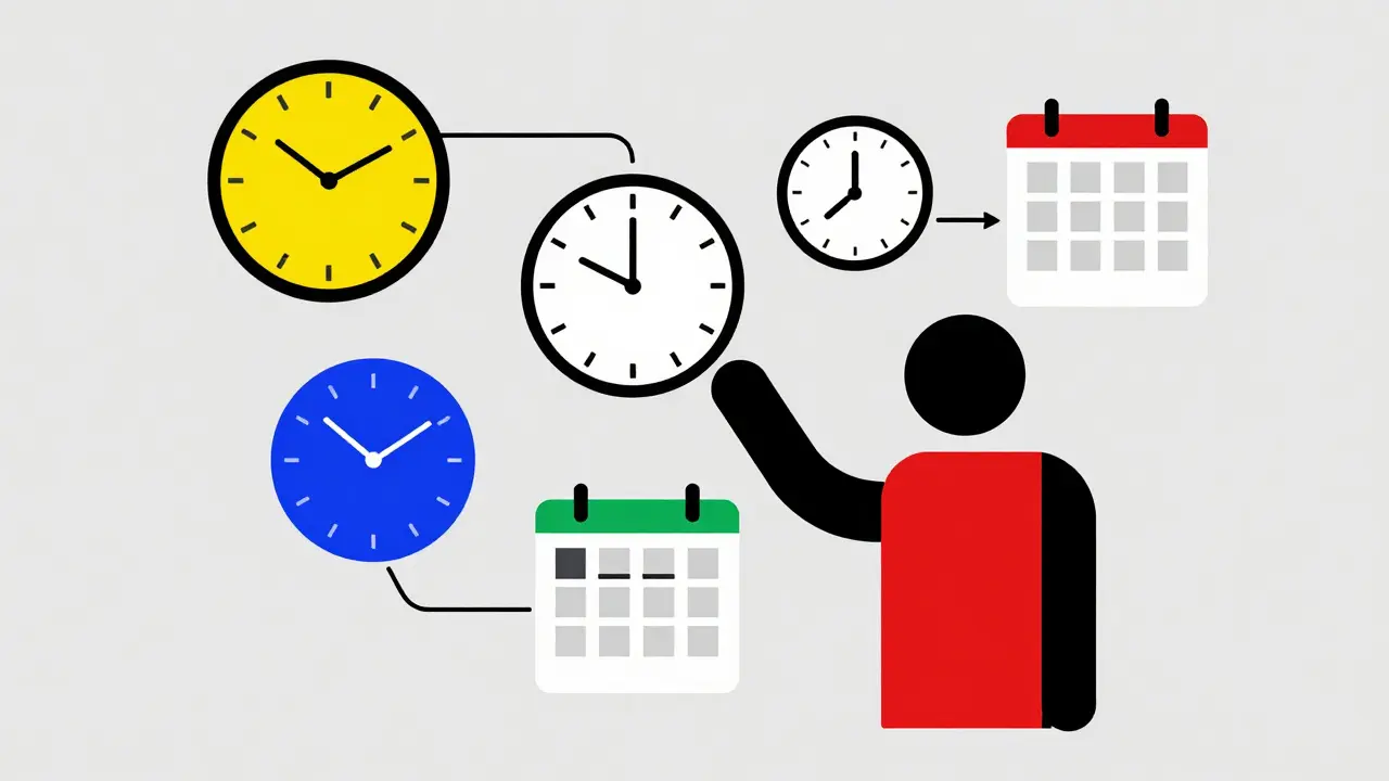 Abstract geometric figure managing medication schedule with clocks and calendars.