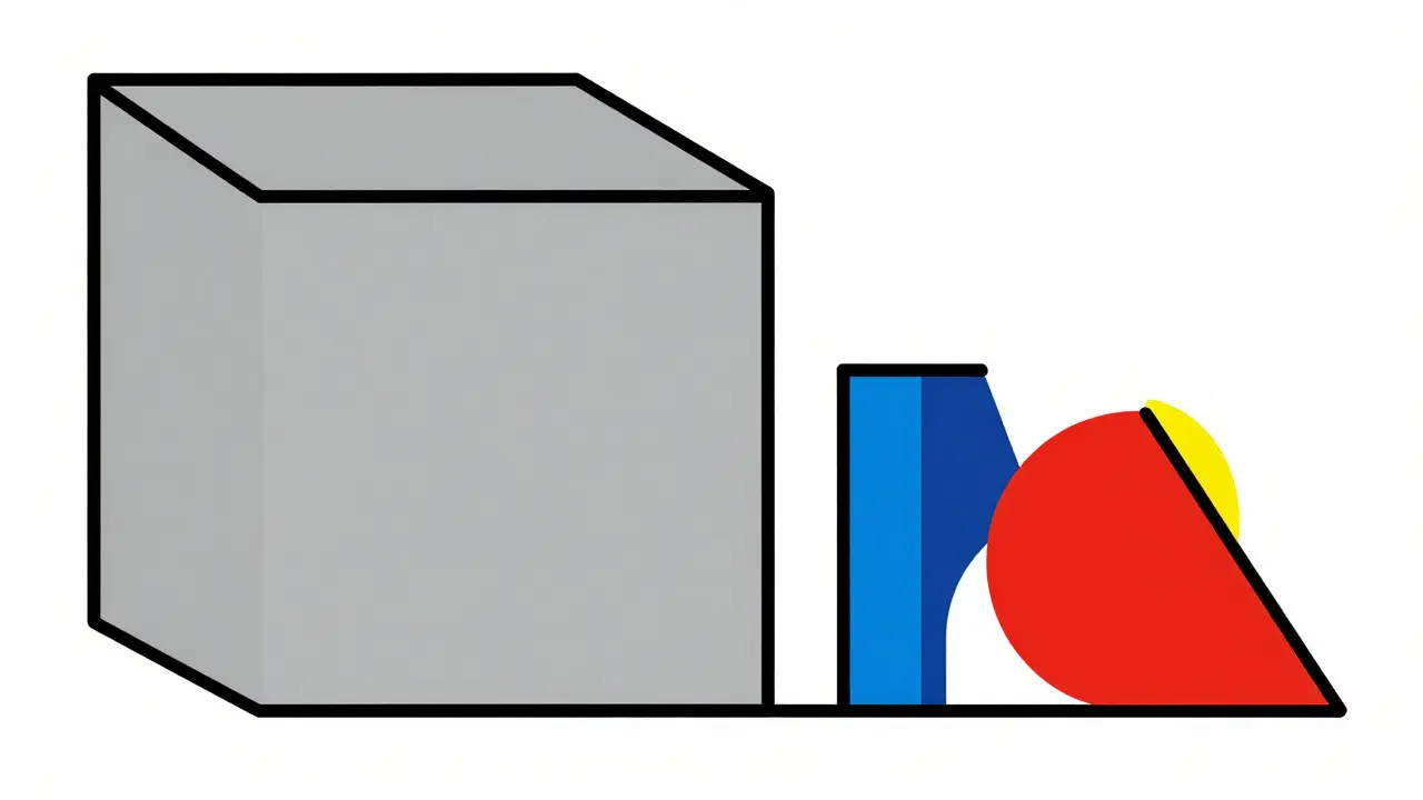 Abstract shapes contrasting expensive brand drugs with affordable generics.