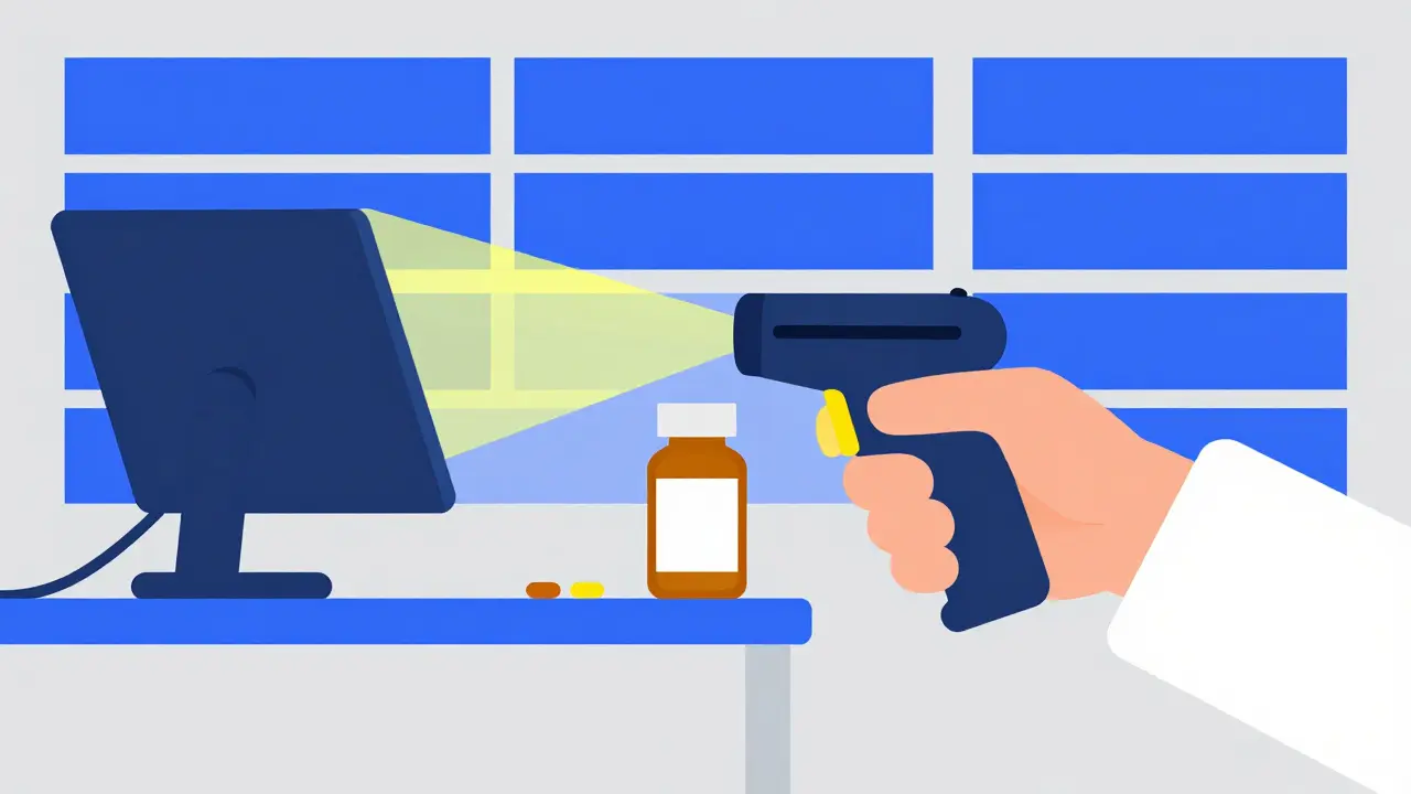 Barcode scanner verifying medication at a stylized geometric pharmacy counter