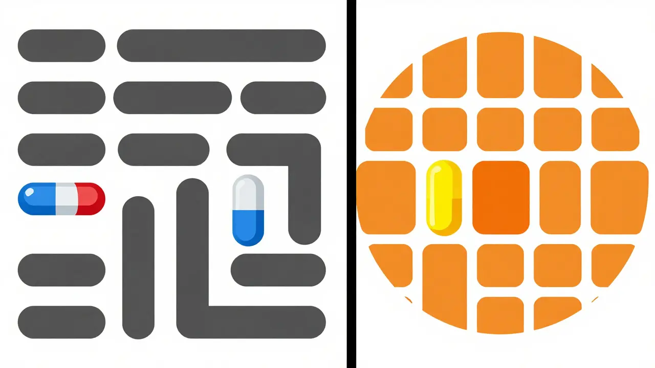 Bauhaus art comparing long-acting vs short-acting drugs using contrasting geometric forms.