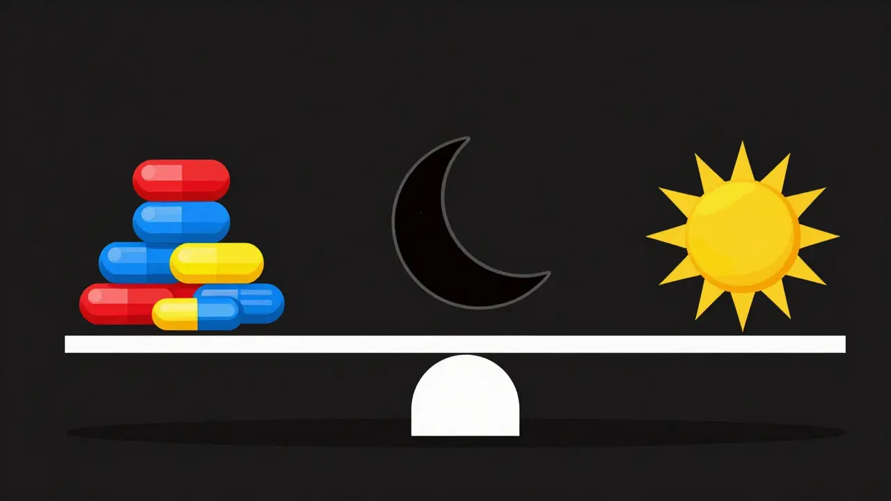 Geometric balance scale weighing pills against sleep and alertness symbols