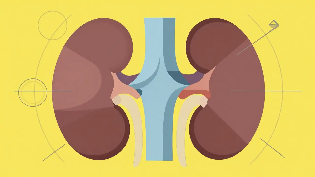 Geometric Bauhaus illustration depicting kidney function and medication risks with abstract shapes.