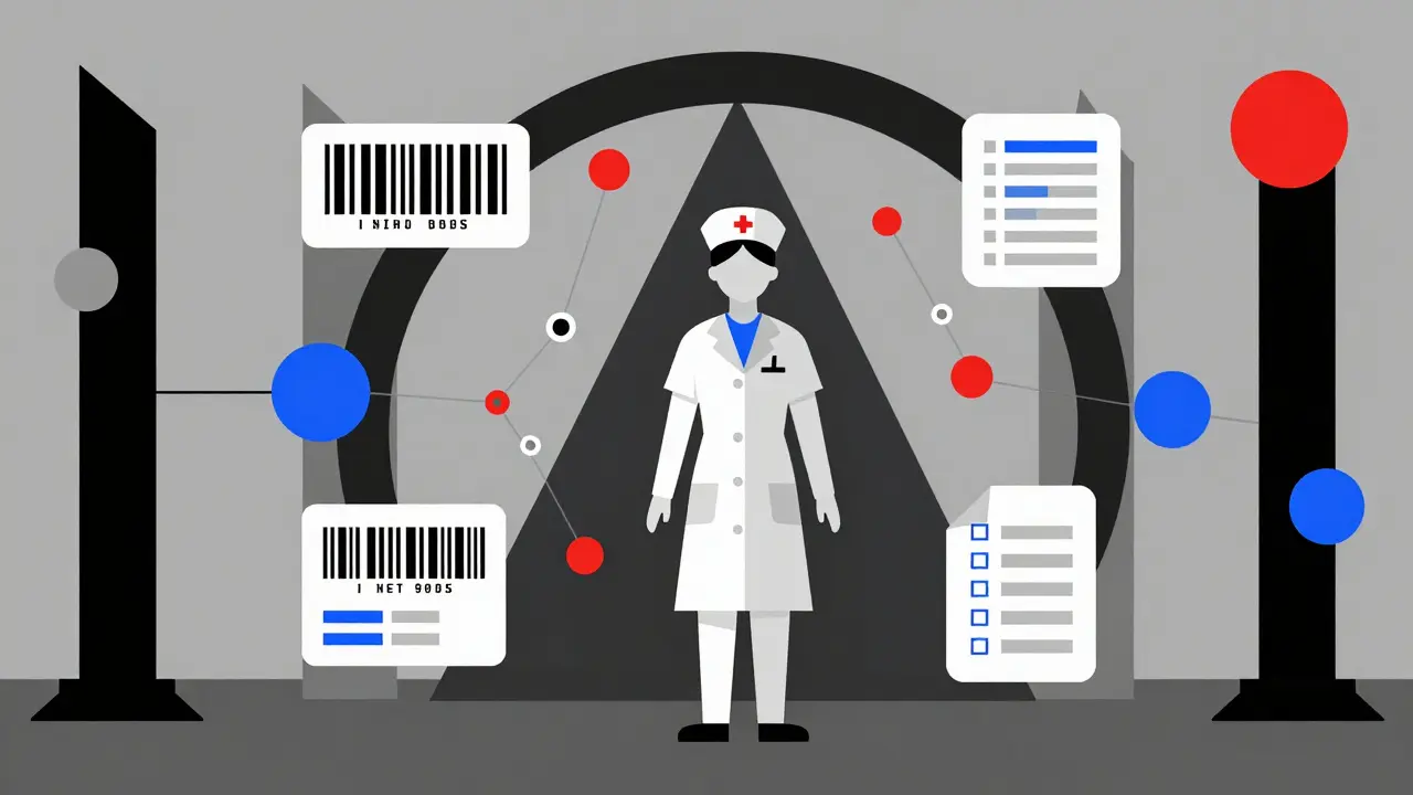 Geometric Bauhaus illustration of medical safety tools like barcodes and checklists around a worker.