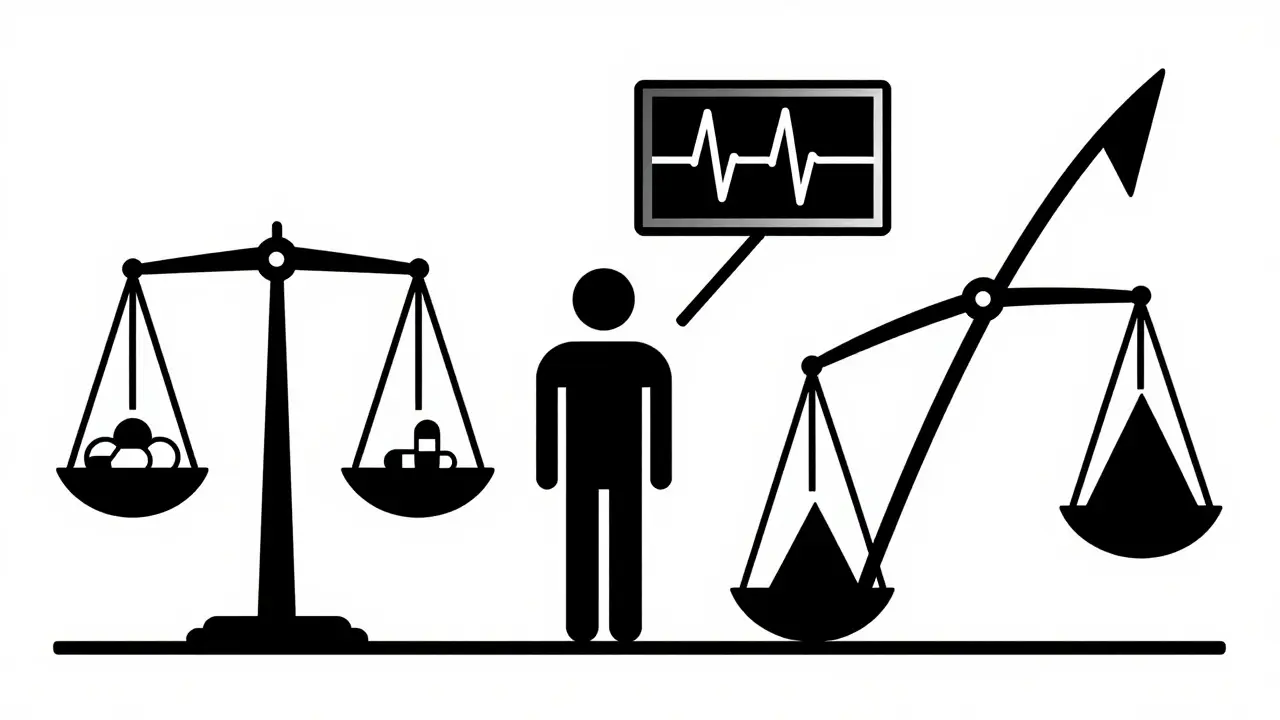 Modernist illustration comparing safe and risky medication doses