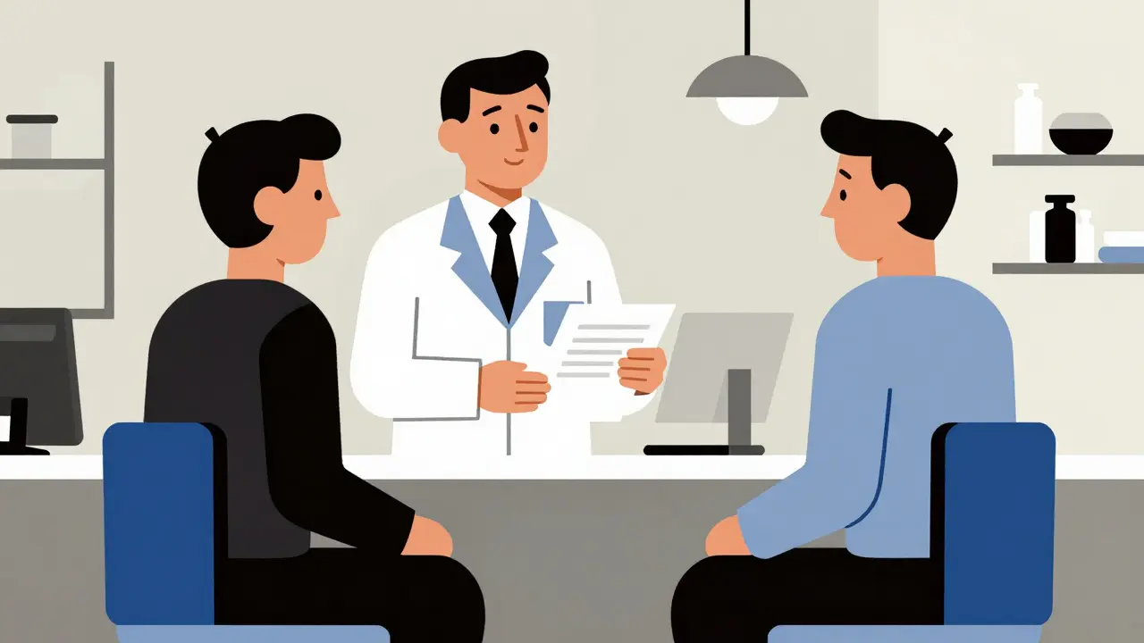 Pharmacist advising patient in minimalist Bauhaus clinic setting